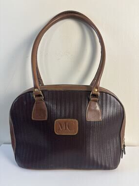 Vtg MC Buenos Aires Woven Brown Argentina Leather Satchel Bowling Bag Embossed